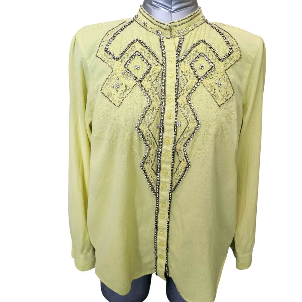 Anthropologie Pilcro Nayeli Beaded Button Blouse Yellow XL Cotton Linen Women's